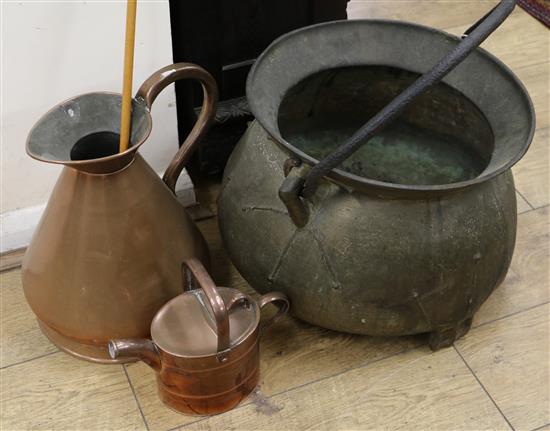 A candle snuff, a copper watering jug and kettle and a cauldron